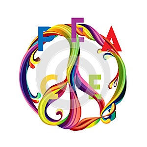 Hippie peace symbol with liquid shapes and sliced text. Peace and love.