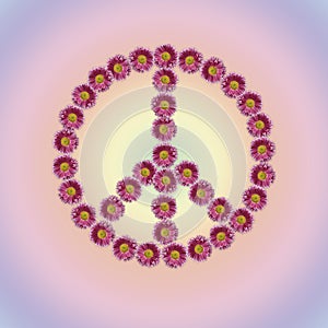 Hippie peace symbol made of chrysanthemum flowers on color background