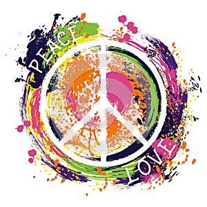 Hippie peace symbol. Peace and love. Colorful hand drawn grunge style art.