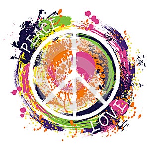 Hippie peace symbol. Peace and love. Colorful hand drawn grunge style art. photo