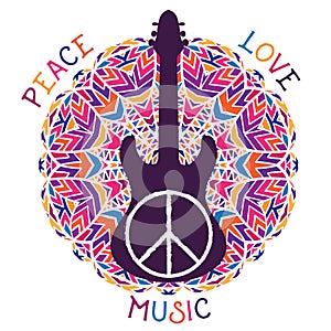 Hippie peace symbol. Peace, love, music sign and guitar on ornate colorful mandala background.