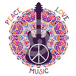 Hippie peace symbol. Peace, love, music sign and guitar on ornate colorful mandala background. photo