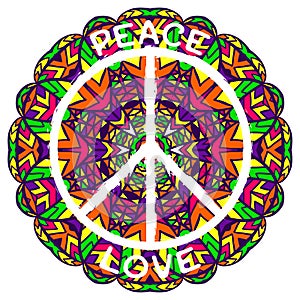 Hippie peace symbol. Peace and love on ornate colorful mandala background.