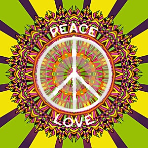 Hippie peace symbol. Peace and love sign on ornate colorful mandala background.