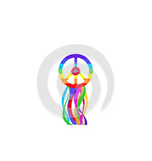 Hippie peace symbol with rainbow and colorful ribbons, poppy flower for t-shirt, bag design, fashion print, party poster