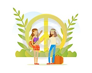 Hippie People Characters, Couple Wearing Retro Clothes of the 60s and 70s Standing at Peace Style Vector Illustration