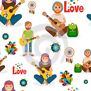 Hippie people with guitar seamless pattern