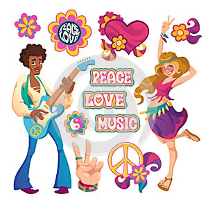 Hippie people, signs of peace, love and music
