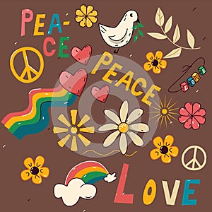 Hippie print. Flowers, peace, love in doodle cartoon style. Vector illustration, elements on a dark background.