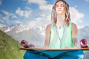 Hippie relaxing and handsome man listening to music with skateboard