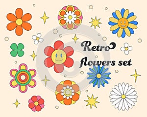 Hippie set of isolated flowers stickers in 60s style