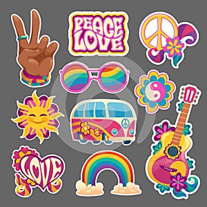 Hippie stickers or icons hand gesturing victory