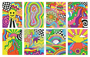 Hippie style, groovy vibes retro psychedelic art posters. Abstract 70s rainbow, sun, flowers hipster covers vector