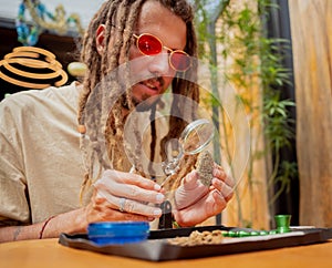 Hippie style man examines under a magnifying glass the joints and buds of medical marijuana