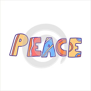 Hippie-style PEACE vector lettering, multicolored lettering, symbol