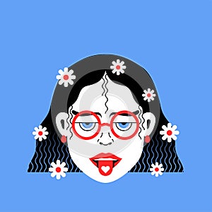 Hippie stylish girl in glasses with flowers in curly haircut and with heart on tongue for beauty salon banner