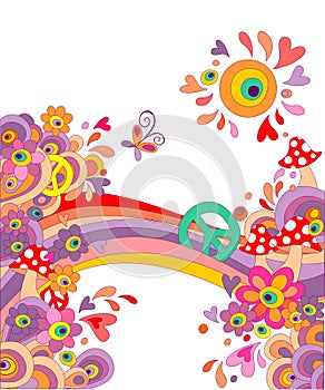 Hippie summery background with abstract colorful flowers, mushrooms, peace symbol and rainbow photo