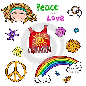 Hippie symbols elements. Flower children collection.