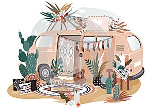 Hippie van in boho style, retro decoration for photo shooting session, vector illustration