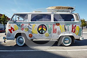 Hippie van retro style. Make love not war. Psychedelic