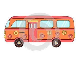 Hippie vintage bus with flowers. Groovy retro hippie travel van.