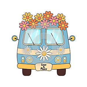 Hippie vintage bus with flowers. Groovy retro hippie travel van.