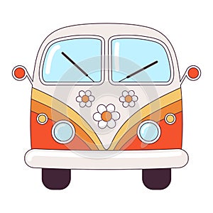 Hippie vintage orange car a mini van retro bus 1960s, 60s, 70s. Groovy Psychedelic cartoon element - funky illustration