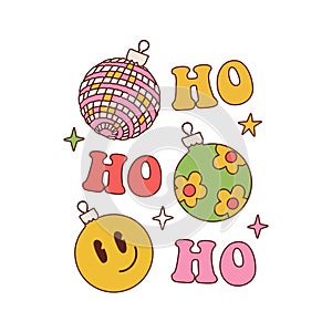 Hippie vintage style Christmas card. 70s groovy New Year typographic poster with HoHoHo and Xmas tree balls. Hand drawn