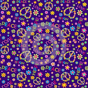 Hippie violet seamless print with flower-power, hippie peace symbols and love, peace, hippie words.