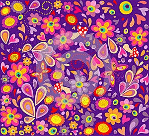 Hippie violet wallpaper with funny butterflies, colorful flowers and mushrooms