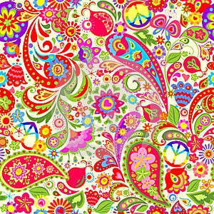 Hippie vivid colorful wallpaper with abstract flowers, hippie peace symbol, peace and love words, mushrooms, pomegranate and paisl