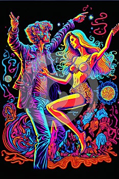 Hippies couple dancing in neon colors. Dancing people on the hippie party. People use LSD and magic mushroom. Generative ai