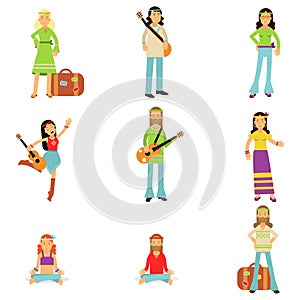 Hippies dressed in classic woodstock sixties hippy subculture clothes. Vector flat set