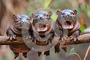 Hippo Baby group of animals hanging out on a branch, cute, smiling, adorable Generative AI