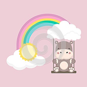 Hippo and baby swing on a rainbow. Mother`s day card vector illustration.