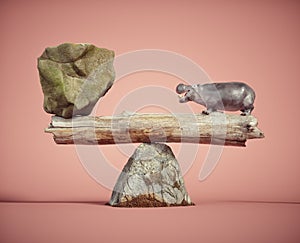 Hippo in balance with a big rock. Mindset and skill concept
