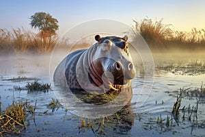 Hippo bathing in the river delta at sunrise. Amazing African wildlife. Generative Ai