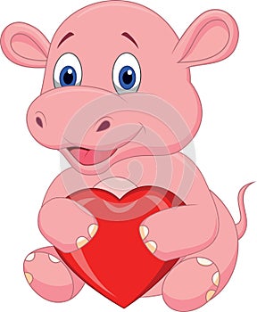 Hippo cartoon holding red heart