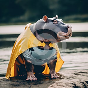 A hippo dressed in a batman costume. AI generative image.