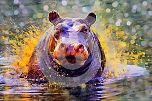 hippo form and spirit through an abstract lens. dynamic and expressive hippo print fashion design cute hippo poster