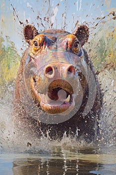 hippo form and spirit through an abstract lens. dynamic and expressive hippo print fashion design cute hippo poster