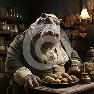 Hippo In Green Suit: A Charming Character In Lively Tavern Scene