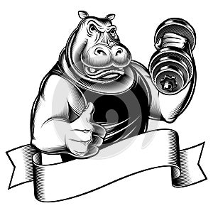 Hippo Gym Mascot Thumb Dumbbell Engraving Ink Retro Print Blackwhite