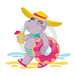 Hippo in a hat and sunglasses, with donut inflatable circle and a drink in hand goes to the beach. Summer mood, sea, sun. Vector