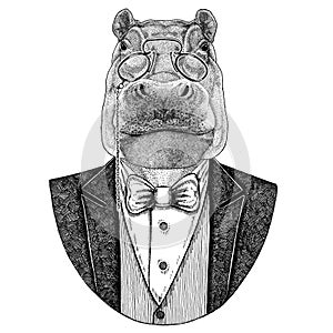 Hippo, Hippopotamus, behemoth, river-horse Hipster animal Hand drawn image for tattoo, emblem, badge, logo, patch, t photo