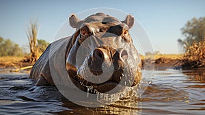 A hippo with its mouth open in water. Generative AI.