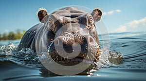 A hippo with its mouth open in water. Generative AI.