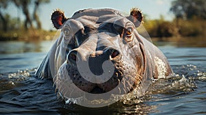 A hippo with its mouth open in water. Generative AI.