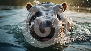 A hippo with its mouth open in water. Generative AI.