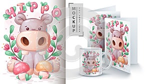 Hippo with mushroom - poster and merchandising